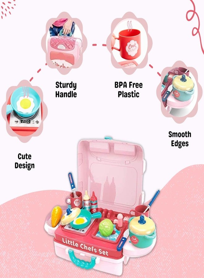 Sakuya Plastic 3 In 1 Kitchen Set Toy For Girls And Boys Kids With Suitcase Model (Pink) | Portable Pretend Little Chef Play Realistic Cooking Accessories Set Toy For Toddler Kids - Image 5